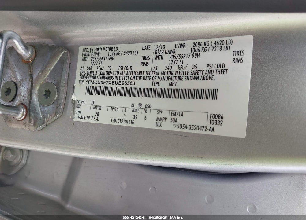 2014 FORD ESCAPE S VIN: 1FMCU0F7XEUB96563