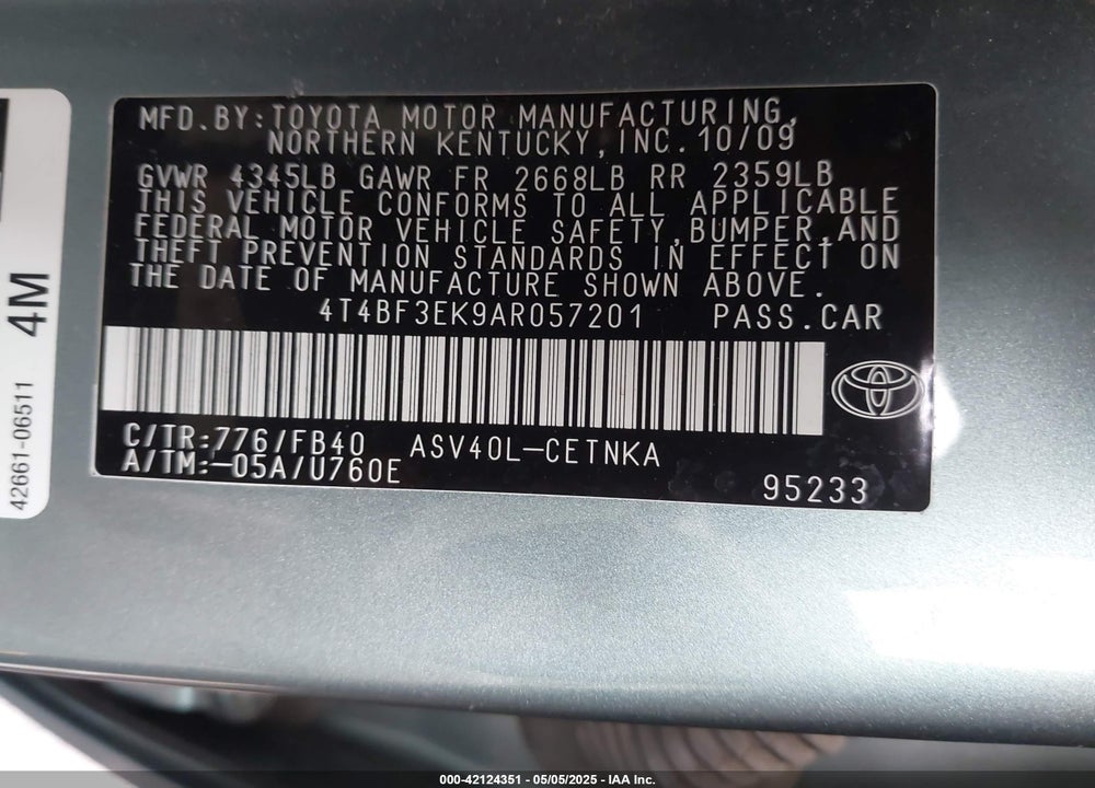 2010 TOYOTA CAMRY VIN: 4T4BF3EK9AR057201