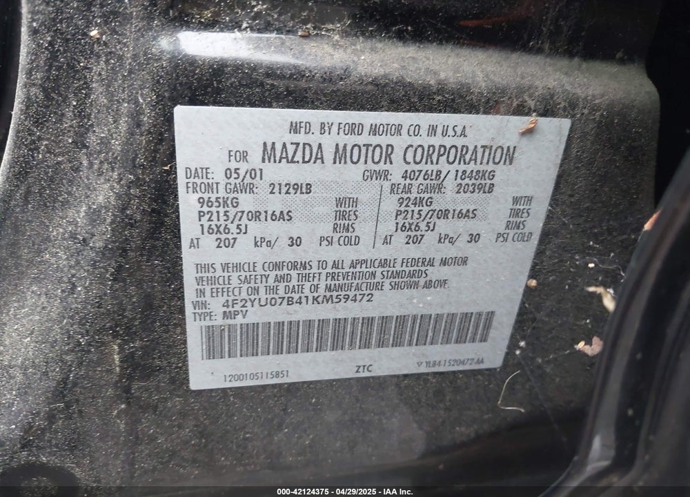 2001 MAZDA TRIBUTE DX VIN: 4F2YU07B41KM59472