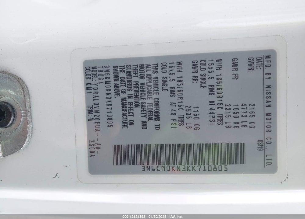 2019 NISSAN NV200 S VIN: 3N6CM0KN3KK710805
