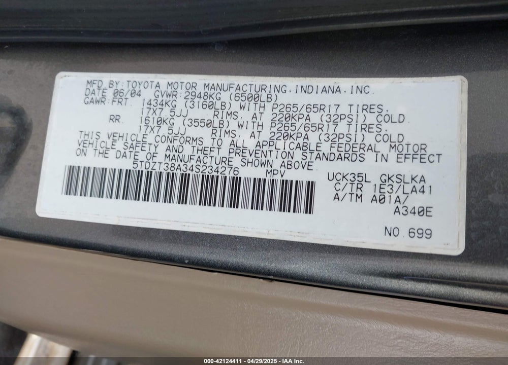 2004 TOYOTA SEQUOIA LIMITED V8 VIN: 5TDZT38A34S234276