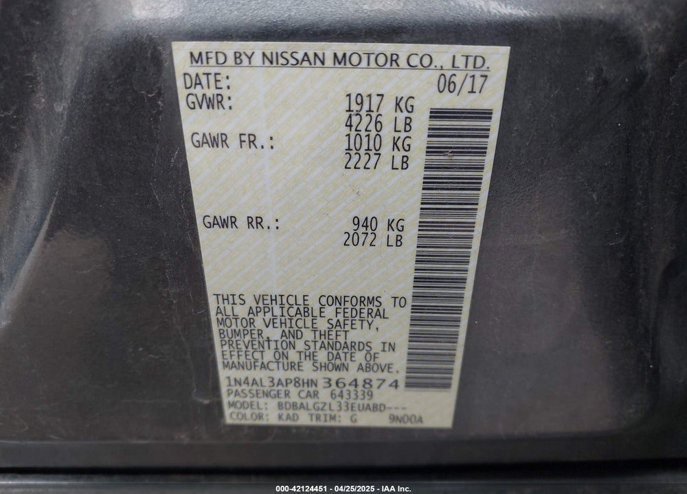 2017 NISSAN ALTIMA VIN: 1N4AL3AP8HN364874