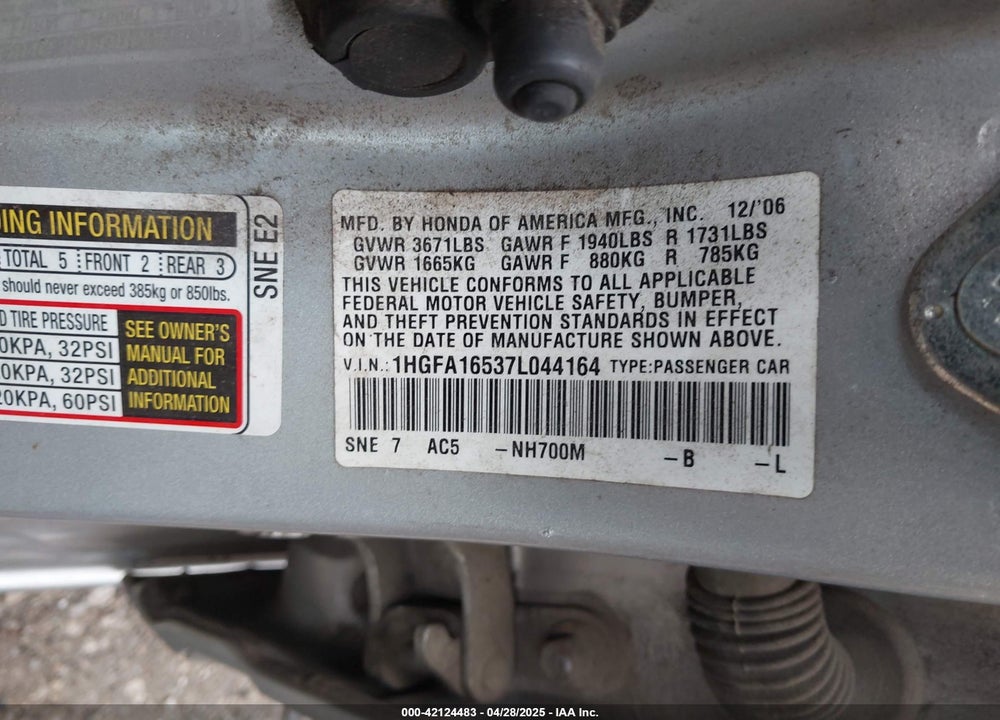2007 HONDA CIVIC LX VIN: 1HGFA16537L044164
