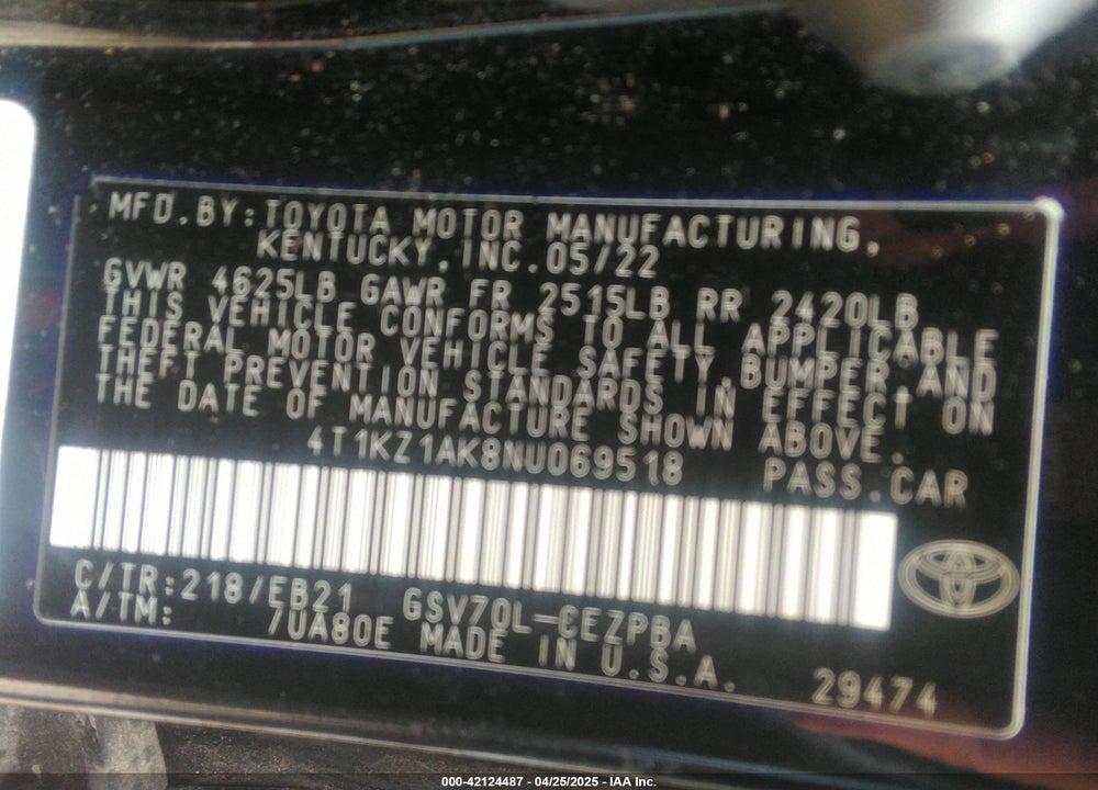 2022 TOYOTA CAMRY VIN: 4T1KZ1AK8NU069518