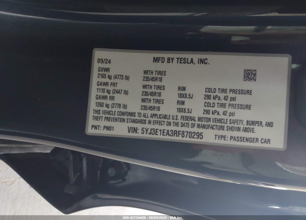 2024 TESLA MODEL 3 LONG RANGE DUAL MOTOR ALL-WHEEL DRIVE/REAR-WHEEL DRIVE VIN: 5YJ3E1EA3RF870295