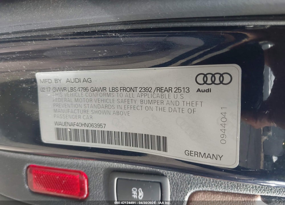2017 AUDI A4 VIN: WAUENAF40HN063957