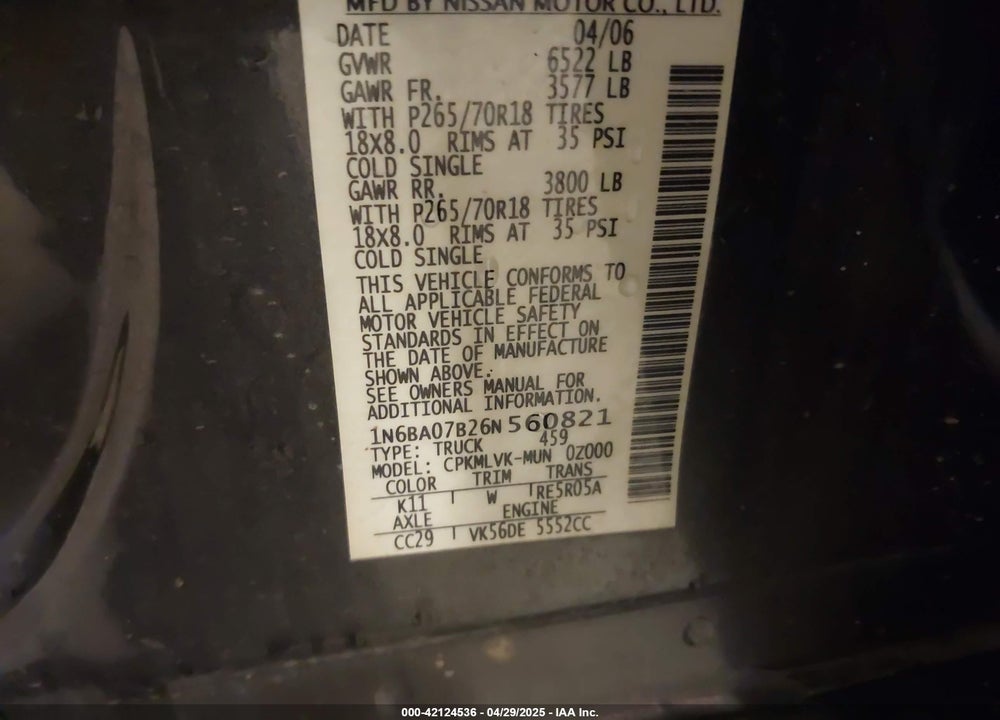 2006 NISSAN TITAN VIN: 1N6BA07B26N560821