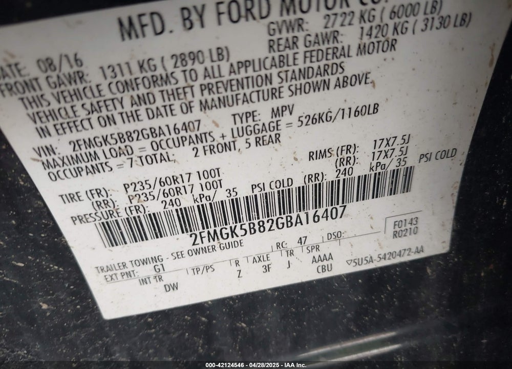 2016 FORD FLEX VIN: 2FMGK5B82GBA16407