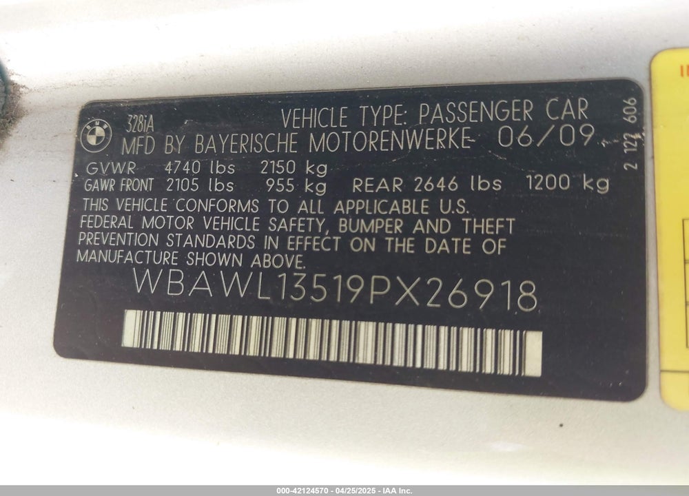 2009 BMW 328I VIN: WBAWL13519PX26918