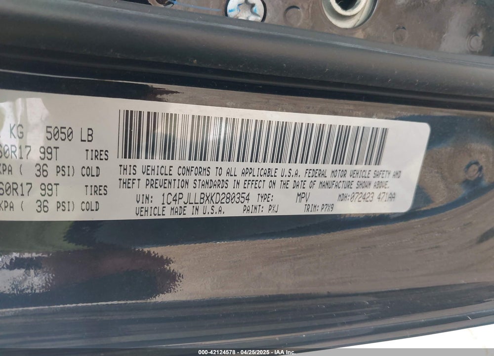 2019 JEEP CHEROKEE VIN: 1C4PJLLBXKD280354