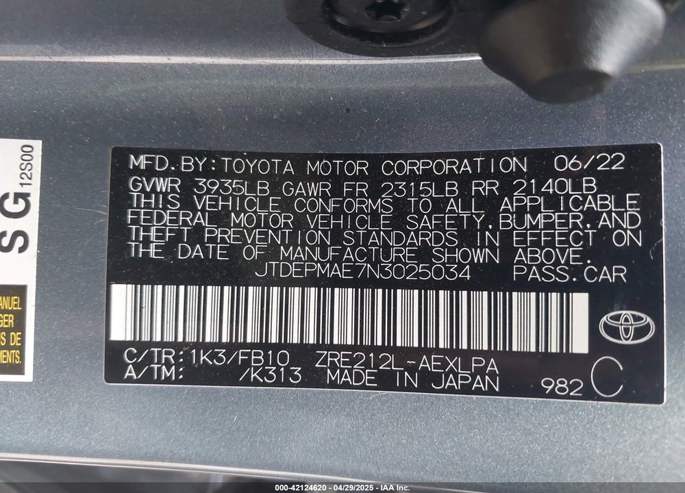 2022 TOYOTA COROLLA VIN: JTDEPMAE7N3025034