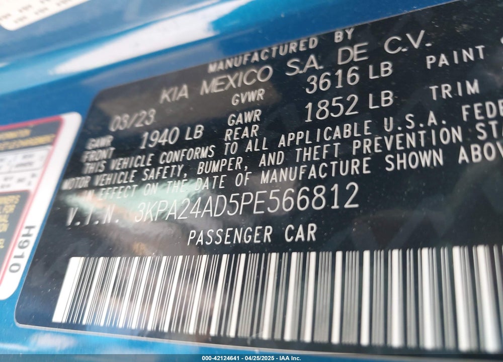 2023 KIA RIO S VIN: 3KPA24AD5PE566812