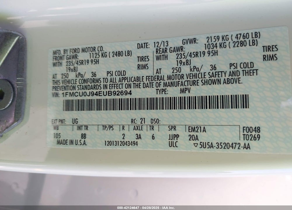 2014 FORD ESCAPE TITANIUM VIN: 1FMCU0J94EUB92694