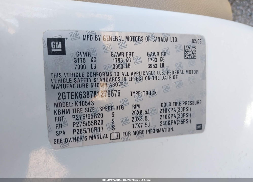 2008 GMC NEW SIERRA K1500 DENALI VIN: 2GTEK638781279676