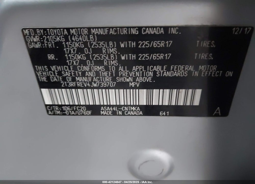2018 TOYOTA RAV4 VIN: 2T3RFREV4JW739707
