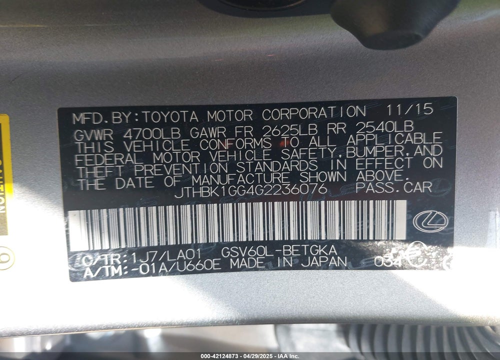 2016 LEXUS ES 350 VIN: JTHBK1GG4G2236076