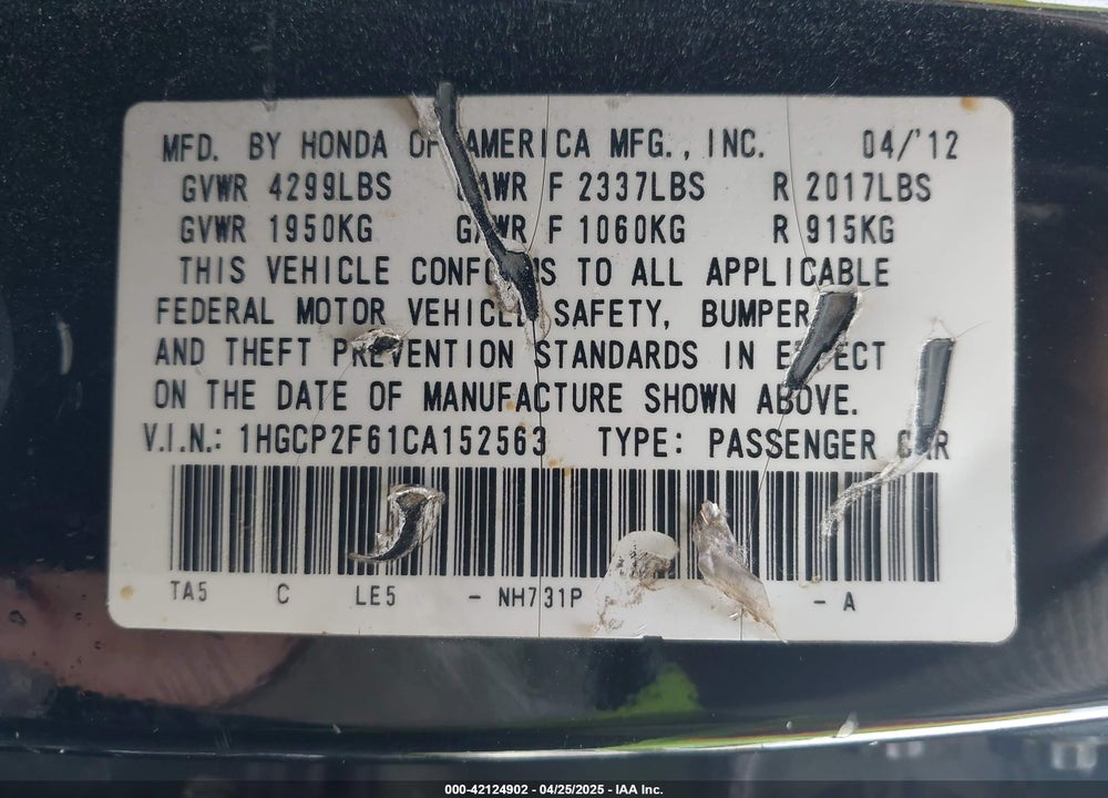 2012 HONDA ACCORD VIN: 1HGCP2F61CA152563