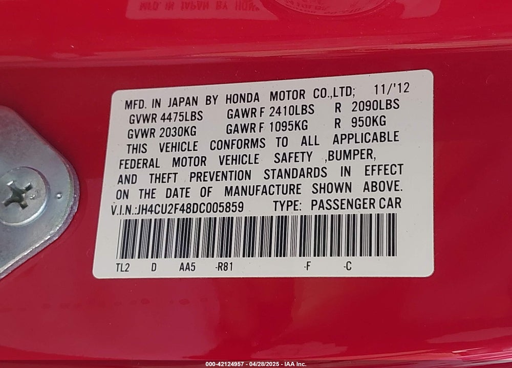 2013 ACURA TSX 2.4 VIN: JH4CU2F48DC005859