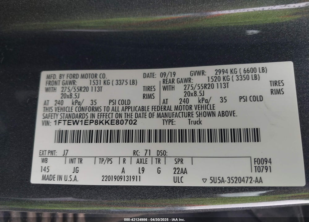 2019 FORD F-150 VIN: 1FTEW1EP8KKE80702