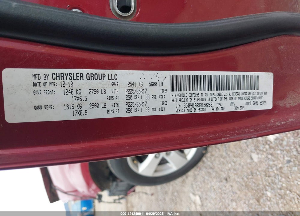 2011 DODGE JOURNEY MAINSTREET VIN: 3D4PH1FG9BT502581