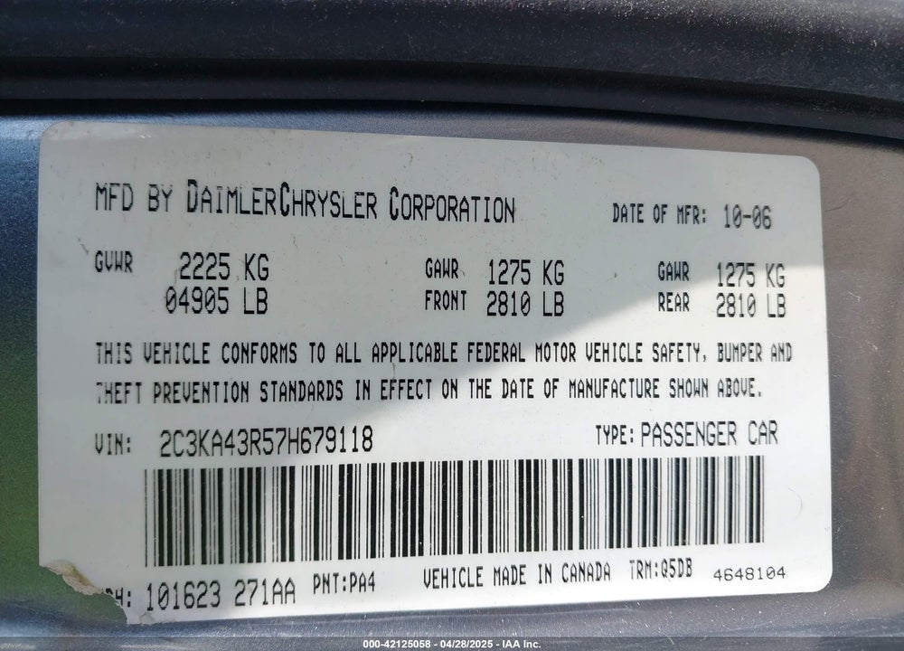 2007 CHRYSLER 300 VIN: 2C3KA43R57H679118