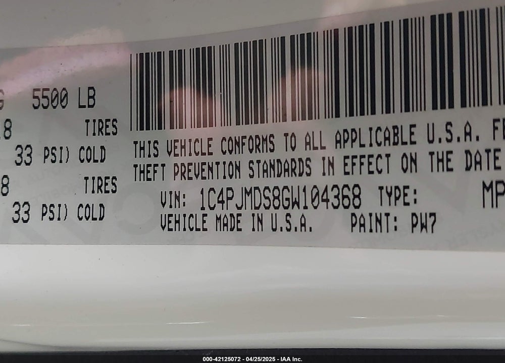 2016 JEEP CHEROKEE VIN: 1C4PJMDS8GW104368