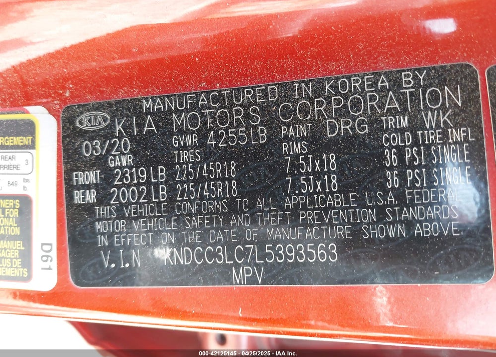 2020 KIA NIRO VIN: KNDCC3LC7L5393563