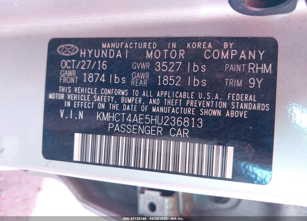 2017 HYUNDAI ACCENT VIN: KMHCT4AE5HU236813