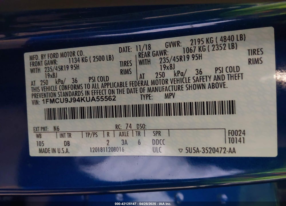 2019 FORD ESCAPE TITANIUM VIN: 1FMCU9J94KUA55562