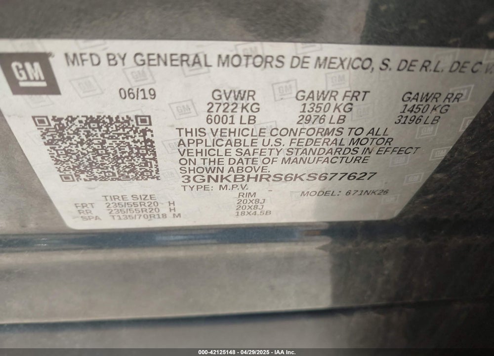 2019 CHEVROLET BLAZER VIN: 3GNKBHRS6KS677627