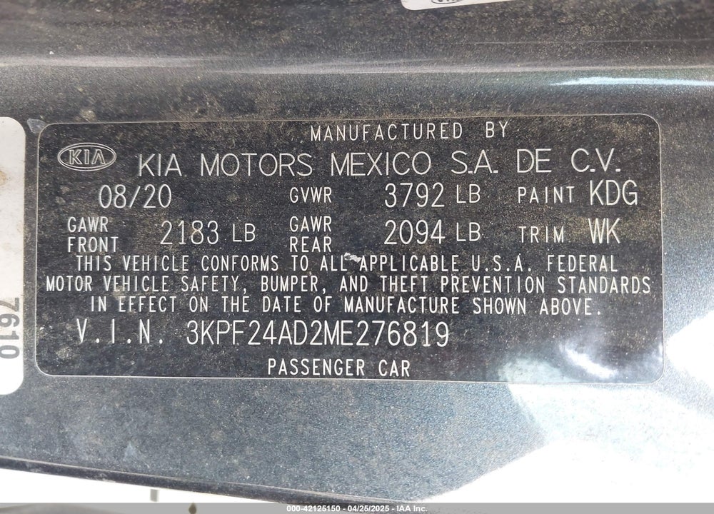 2021 KIA FORTE LXS VIN: 3KPF24AD2ME276819