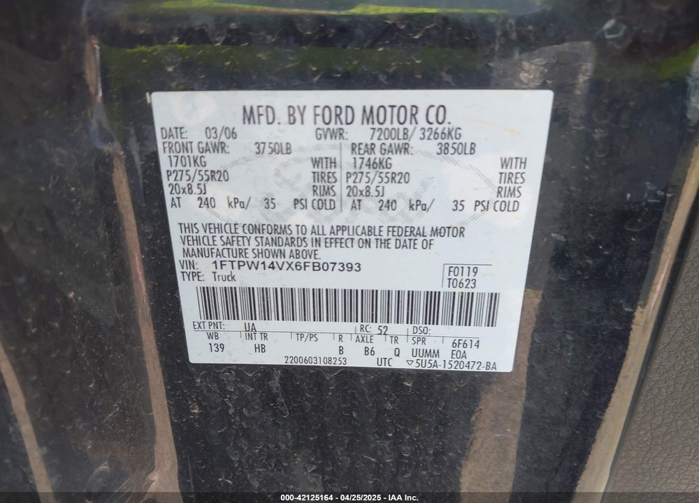 2006 FORD F-150 VIN: 1FTPW14VX6FB07393