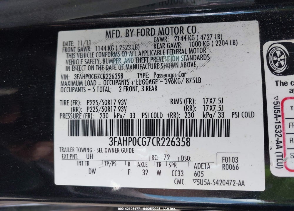 2012 FORD FUSION VIN: 3FAHP0CG7CR226358