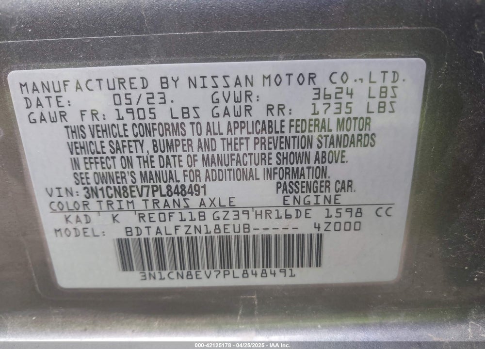 2023 NISSAN VERSA VIN: 3N1CN8EV7PL848491