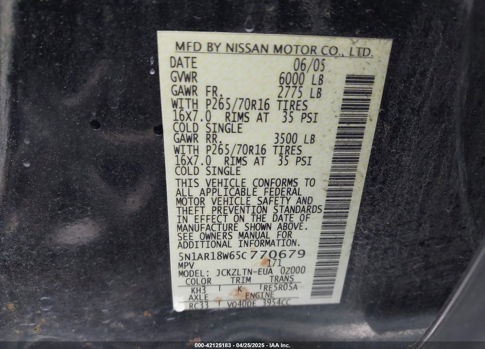 2005 NISSAN PATHFINDER SE VIN: 5N1AR18W65C770679