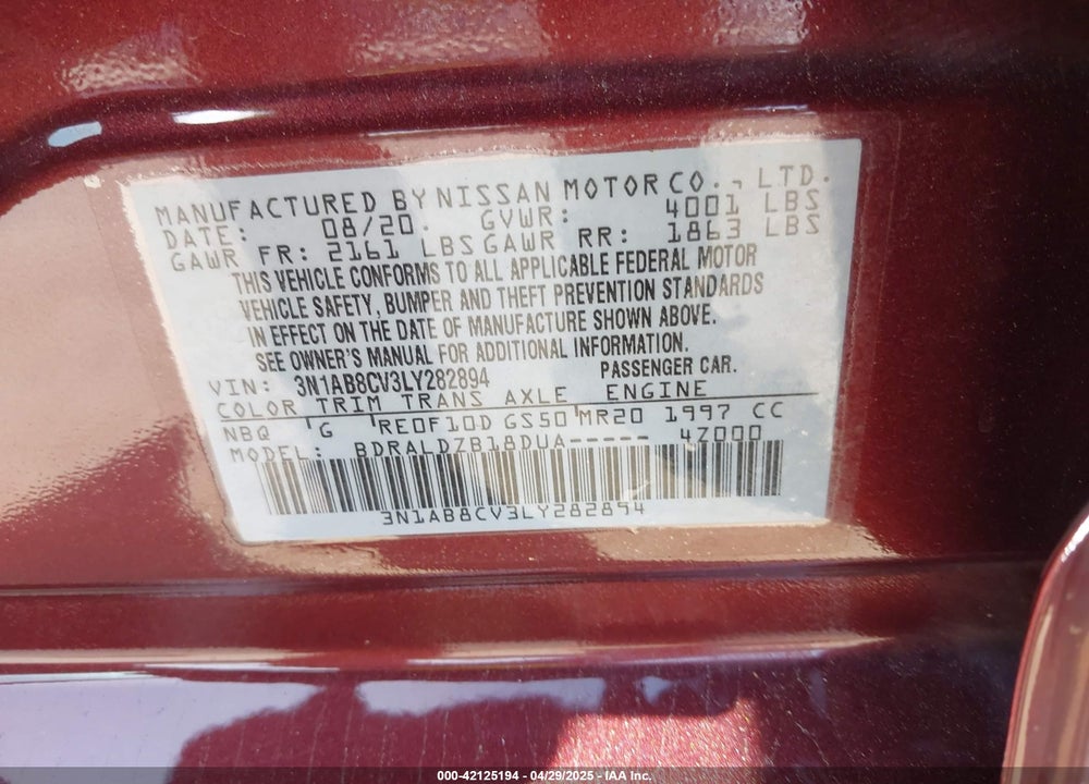 2020 NISSAN SENTRA VIN: 3N1AB8CV3LY282894