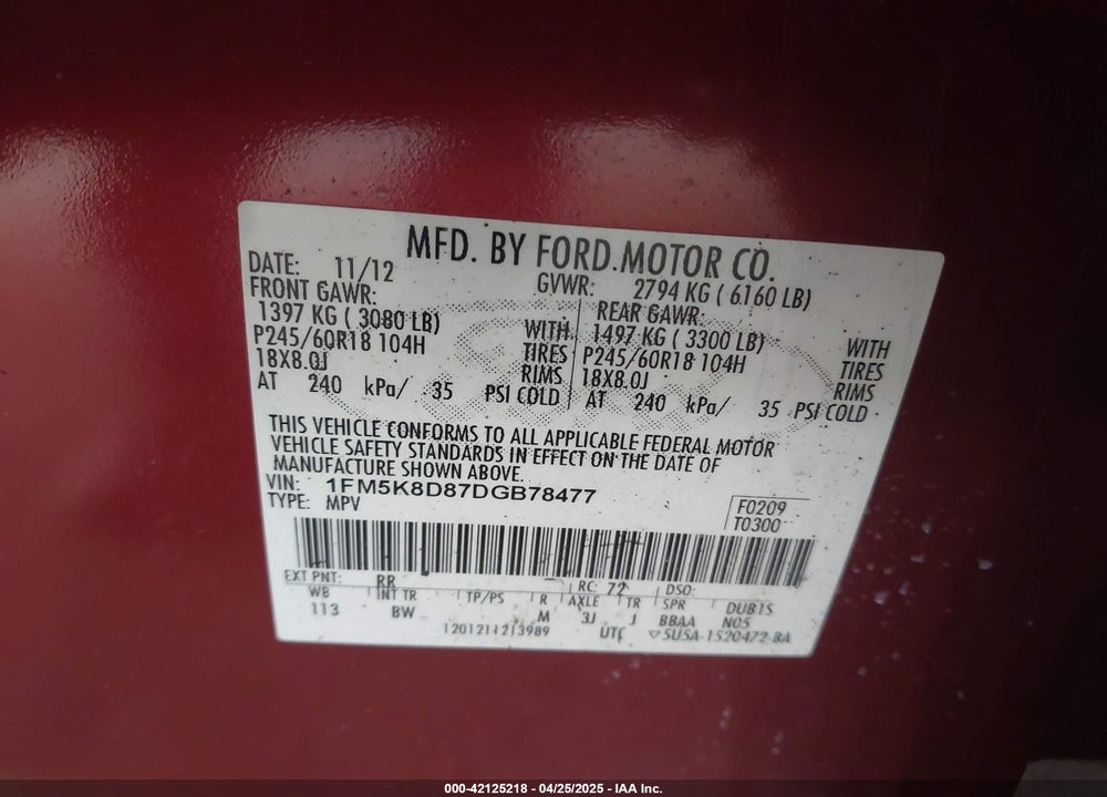 2013 FORD EXPLORER VIN: 1FM5K8D87DGB78477