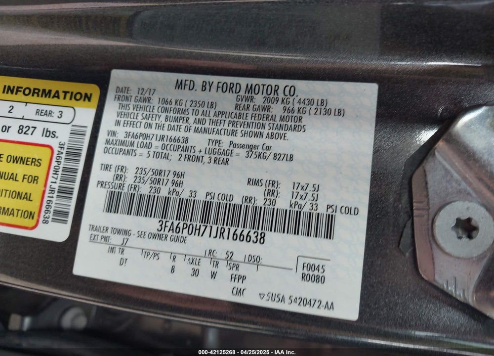 2018 FORD FUSION VIN: 3FA6P0H71JR166638