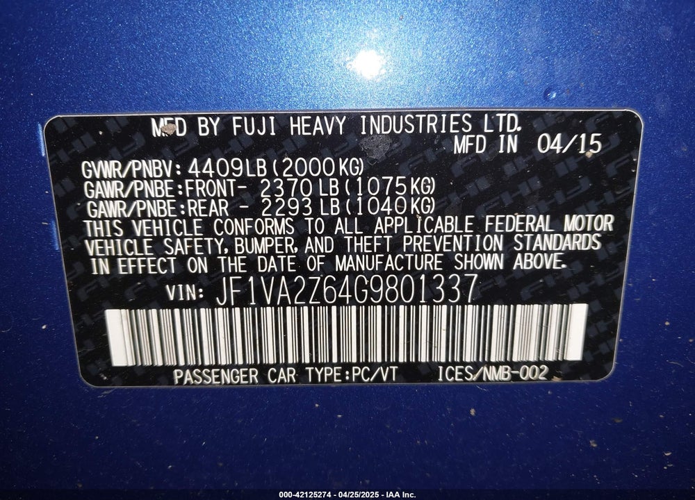 2016 SUBARU WRX STI VIN: JF1VA2Z64G9801337