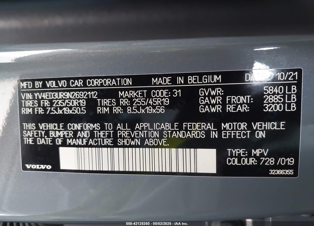 2022 VOLVO XC40 RECHARGE VIN: YV4ED3UR9N2692112