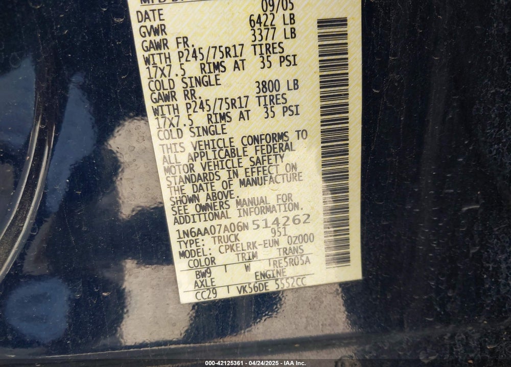 2006 NISSAN TITAN XE VIN: 1N6AA07A06N514262
