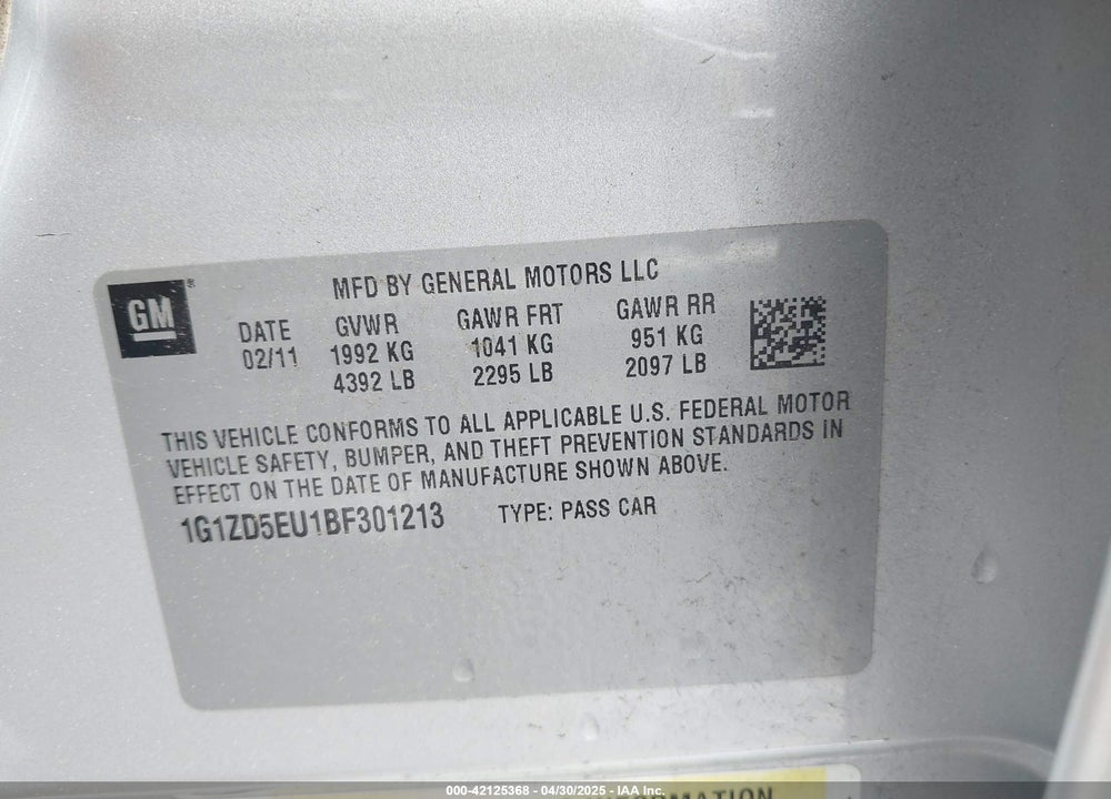 2011 CHEVROLET MALIBU VIN: 1G1ZD5EU1BF301213