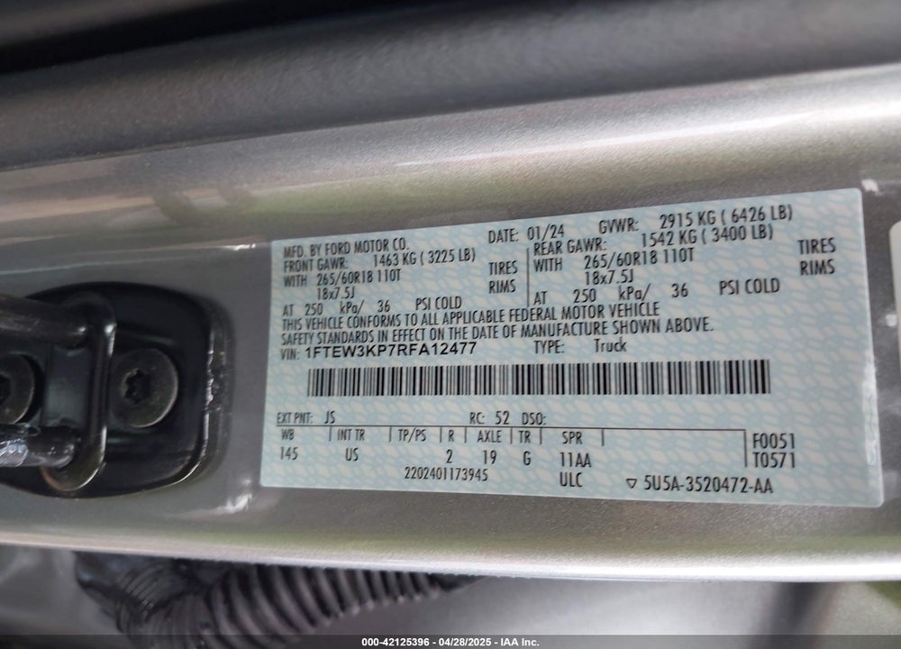 2024 FORD F-150 VIN: 1FTEW3KP7RFA12477