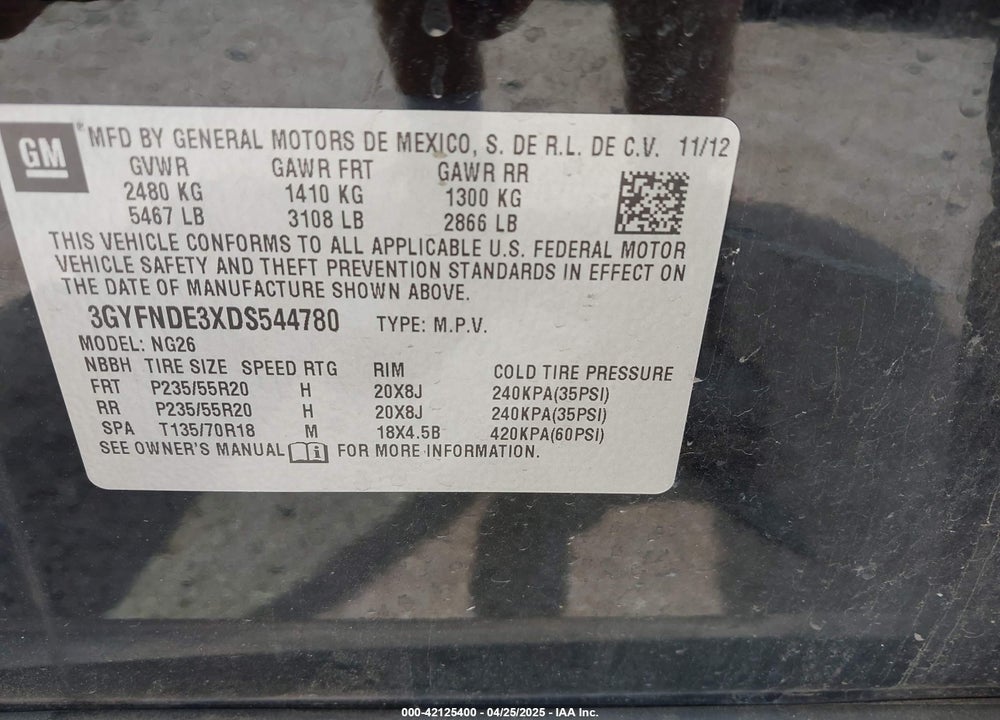 2013 CADILLAC SRX VIN: 3GYFNDE3XDS544780