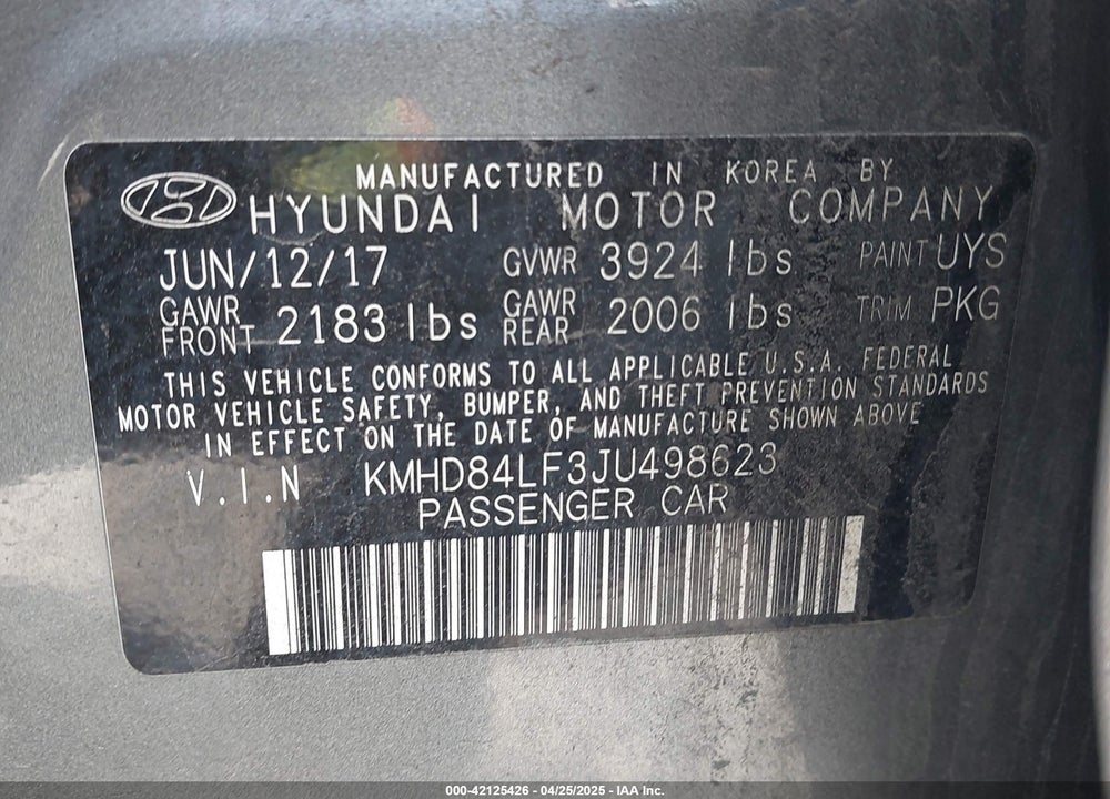 2018 HYUNDAI ELANTRA VALUE EDITION VIN: KMHD84LF3JU498623