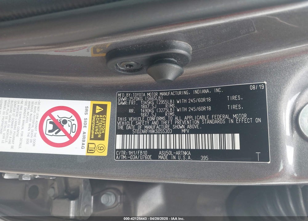 2019 TOYOTA HIGHLANDER VIN: 5TDZARFH8KS055303