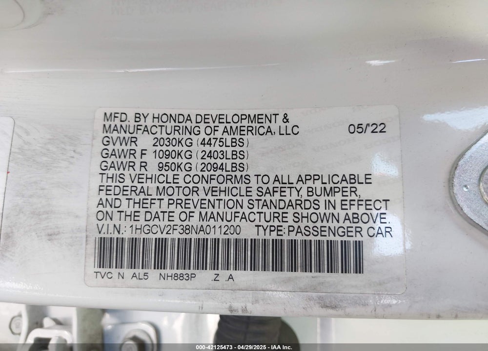 2022 HONDA ACCORD SPORT 2.0T VIN: 1HGCV2F38NA011200