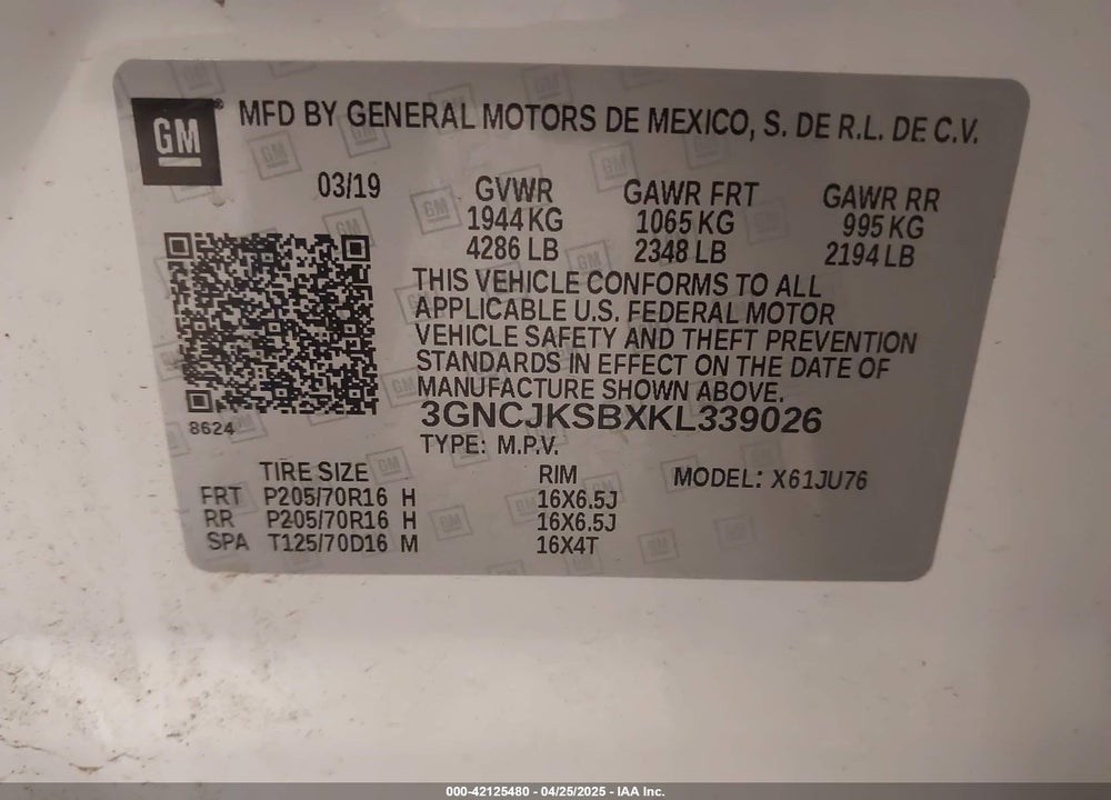 2019 CHEVROLET TRAX LS VIN: 3GNCJKSBXKL339026