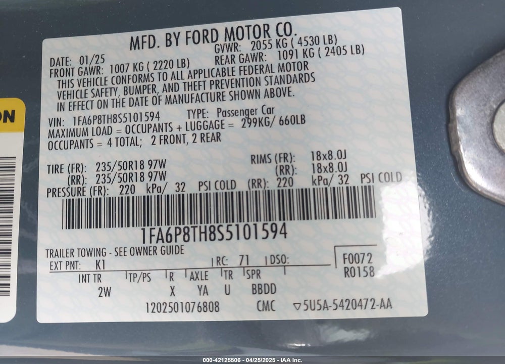 2025 FORD MUSTANG ECOBOOST FASTBACK VIN: 1FA6P8TH8S5101594