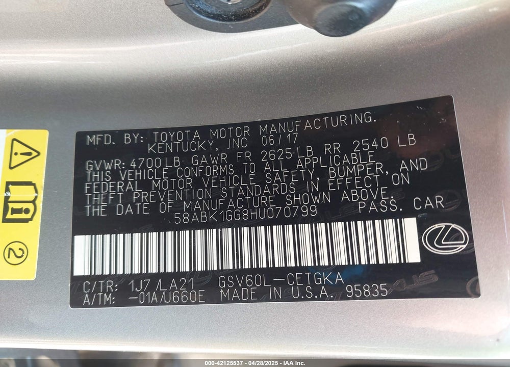 2017 LEXUS ES 350 VIN: 58ABK1GG8HU070799